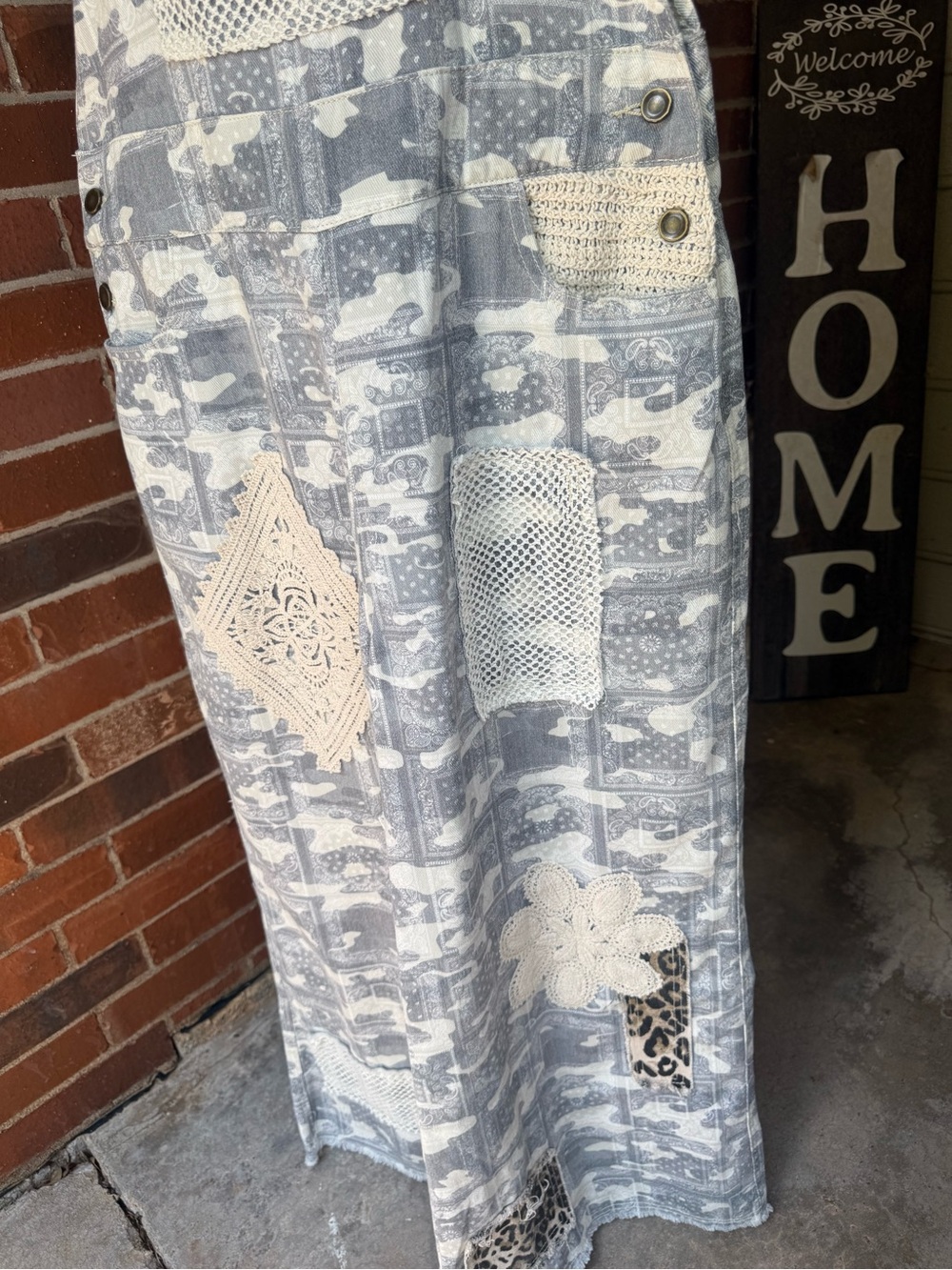 POL Patchwork Crochet Leopard Wide Leg Overalls Boho Jumpsuit L - Picture 4 of 15